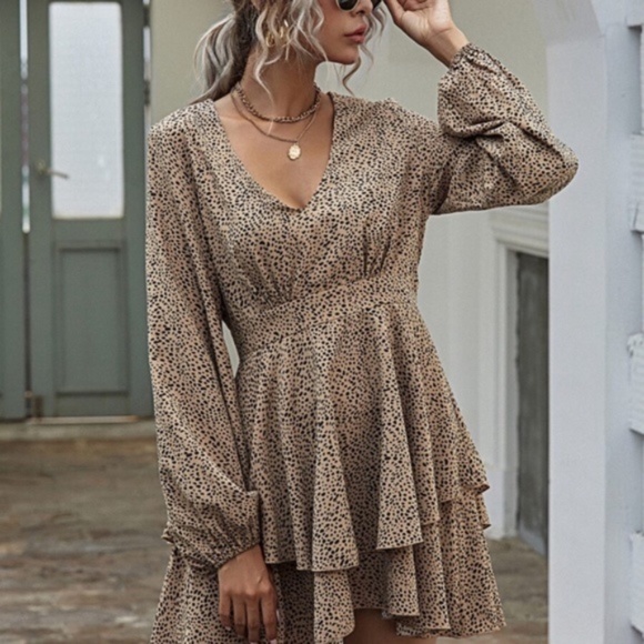 Leopard Print v neck Print Tiered Layered Dress - Picture 3 of 6